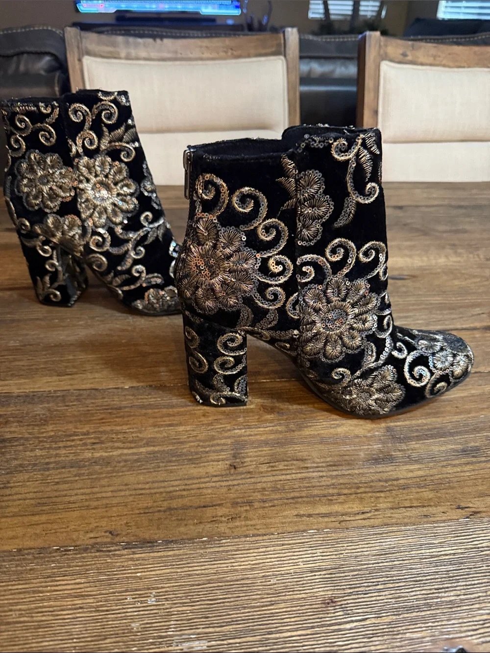 naughty monkey Black Velvet Embroidered Ankle Boots with Gold Sequin Detail
